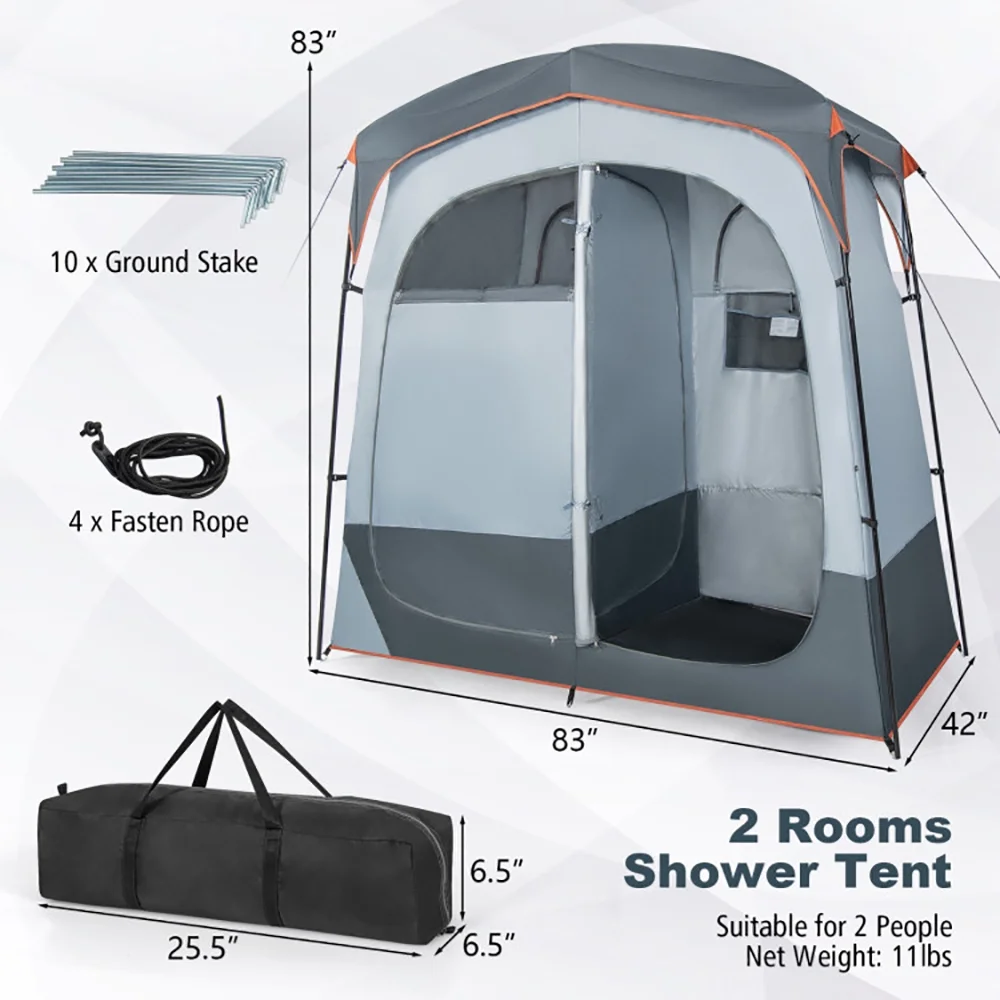 Barara King Camping Tent Cot, Camping Cot, Ultralight Folding Tent Cot, 2 Rooms Oversize Privacy Shower Tent with Removable Rain Fly and Inside Pocket-Gray