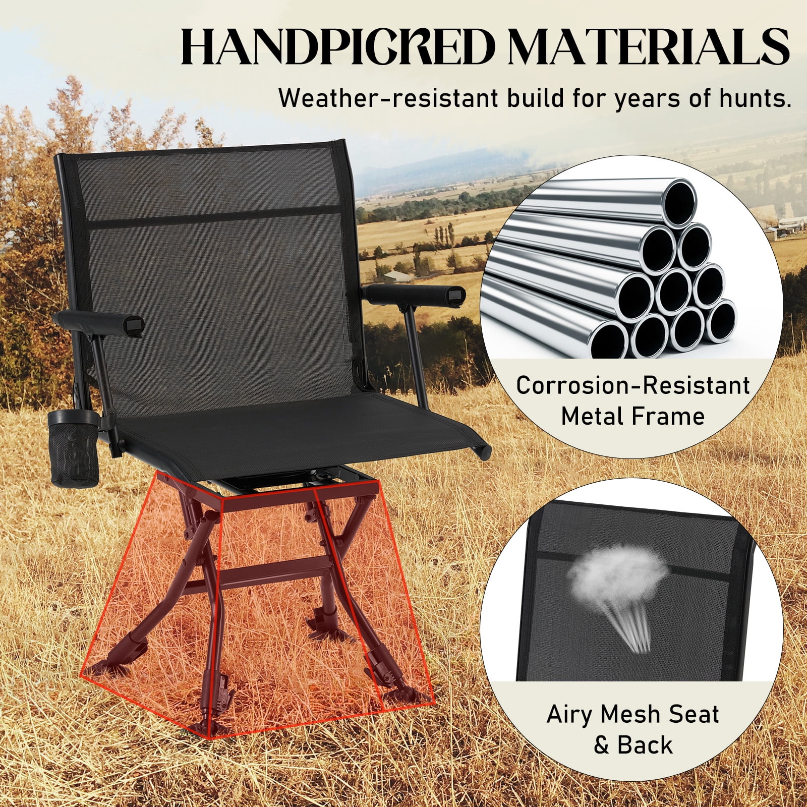 Danrelax 360° Silent Camo Hunting Blind Chair, Armrests, Side Pouch, Telescopic Legs