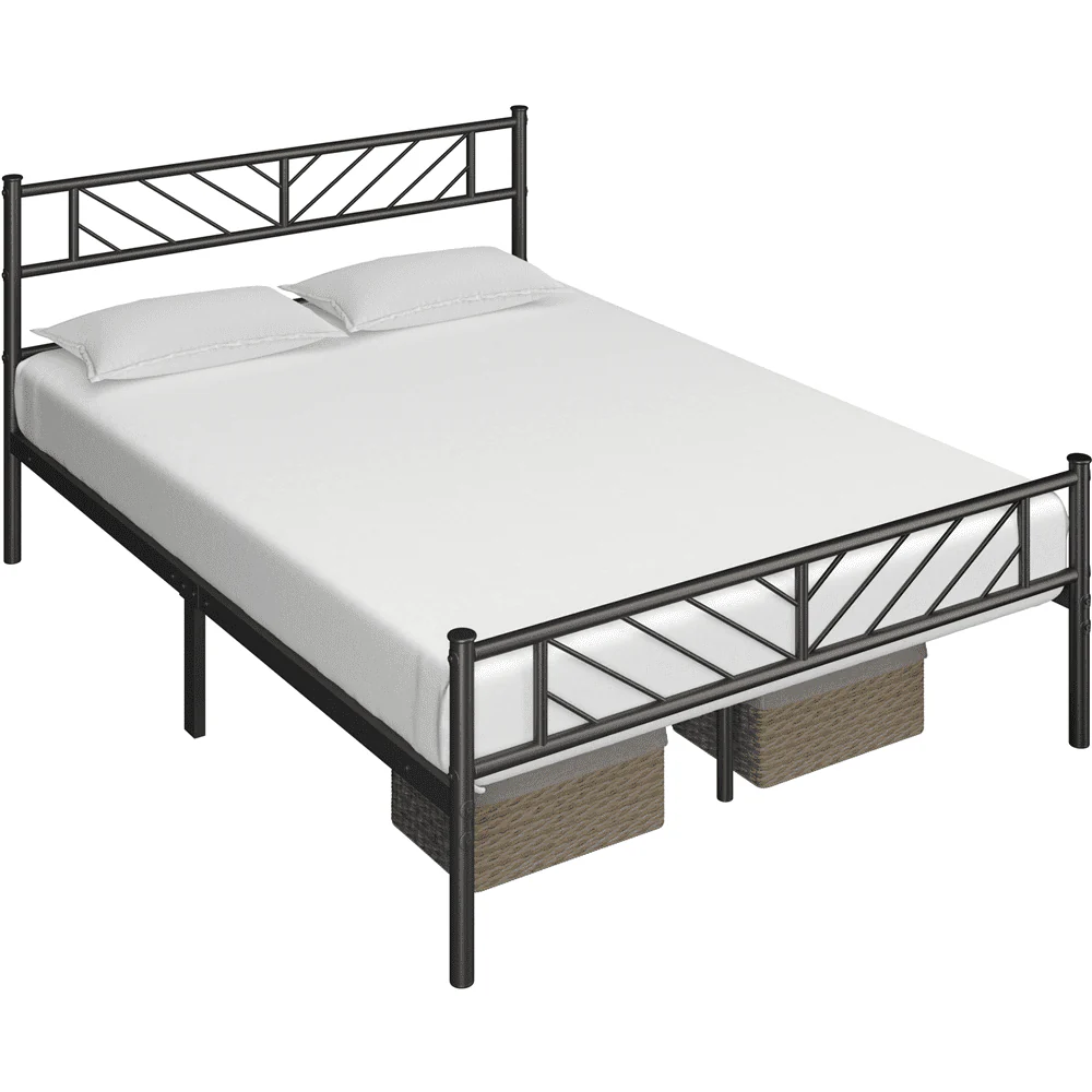 Easyfashion Justice Metal Platform Bed with Arrow Design, Queen Size, Black