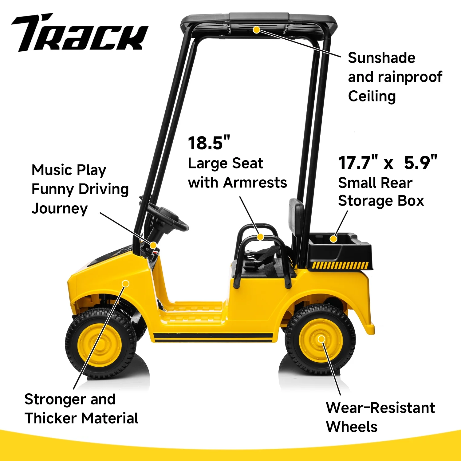 Track Seven 24V Ride on Car, Electric Golf Cart with Ceiling, Ride on Truck with Remote Control, Music, Rear Storage Box, Electric Car for Boys Girls Age 3+, 18.5