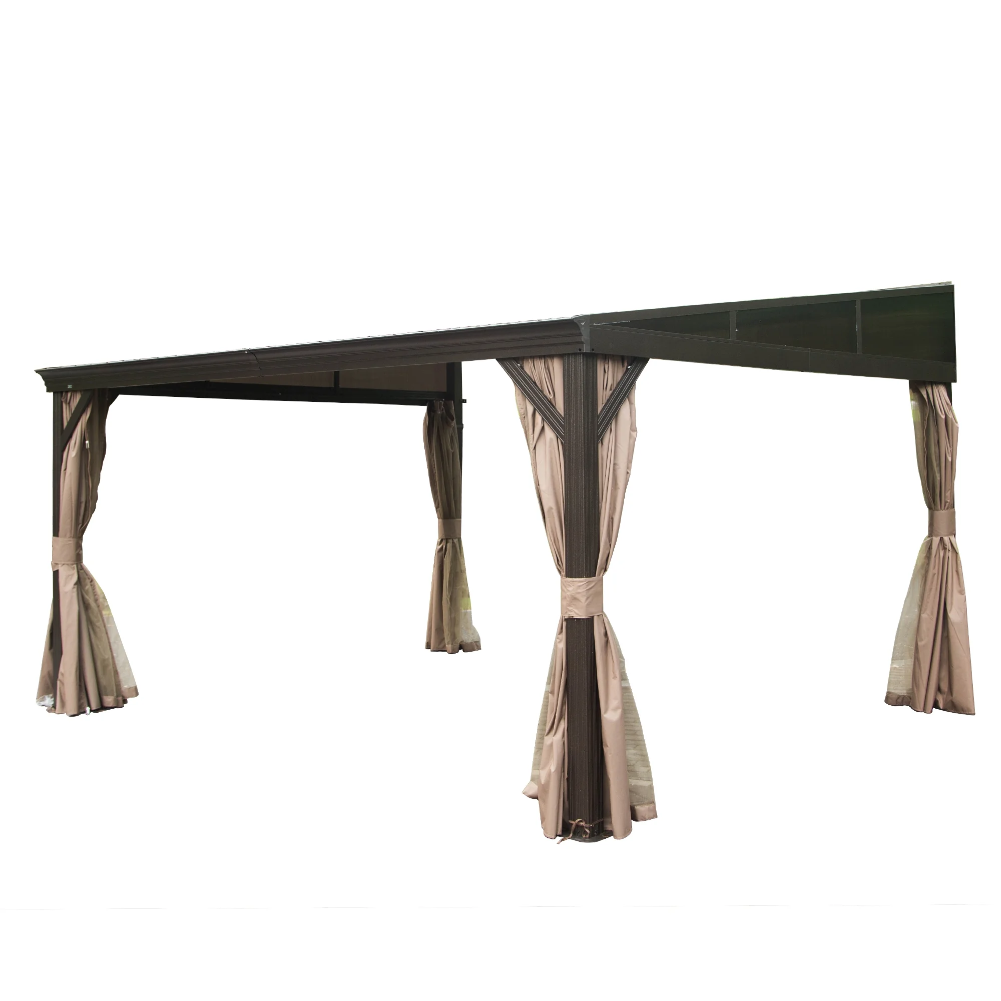 Domi Outdoor Living 10' x 12' Hardtop Lean-to Gazebo, Wall-Mounted with Galvanized Steel Roof Wall Pergola with Aluminum Frame, Curtains and Netting, for Patio, Deck, Garden, Backyard