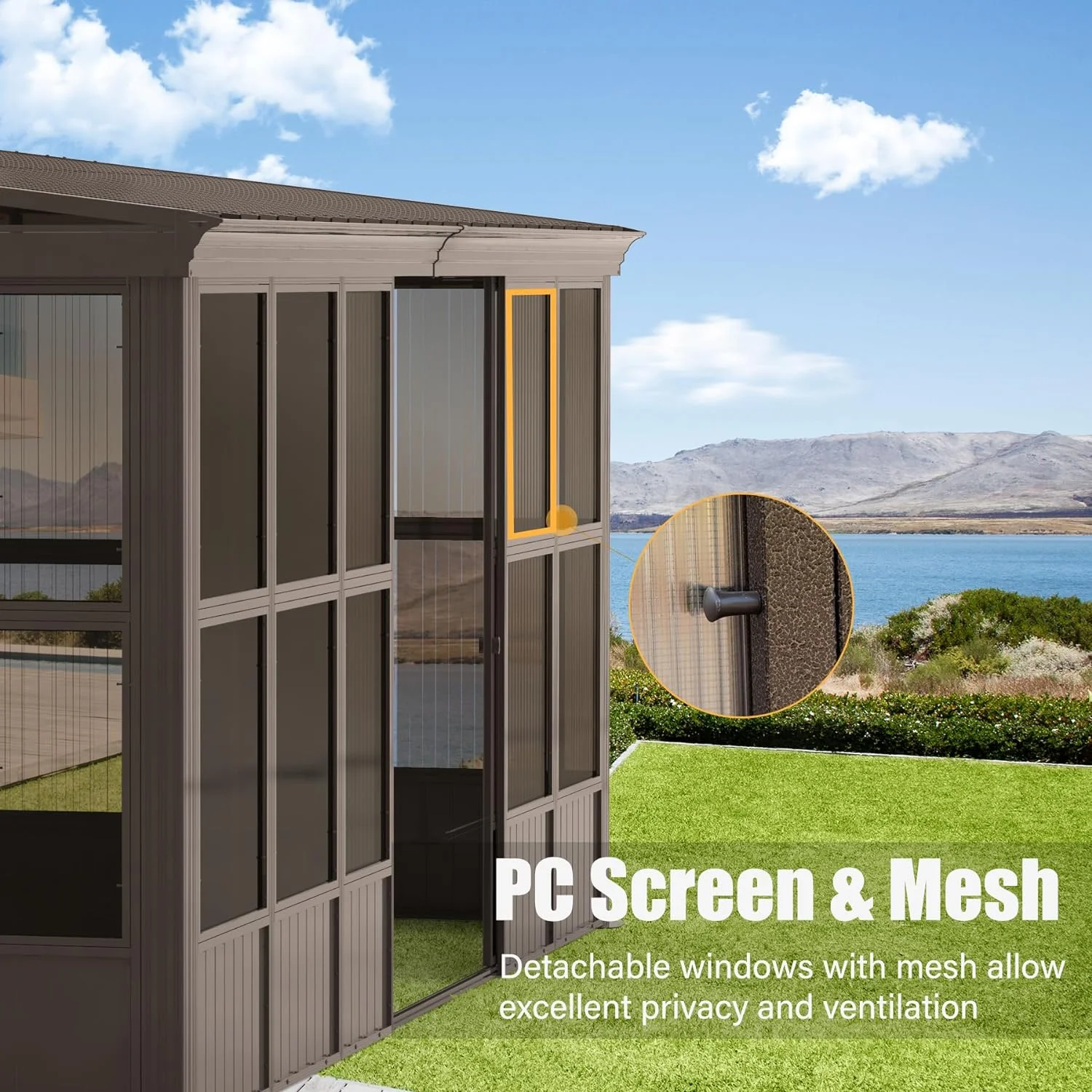 Domi Outdoor Living 10' x 12' Hardtop Lean-to Gazebo, Wall-Mounted with Galvanized Steel Roof Wall Pergola with Aluminum Frame, Curtains and Netting, for Patio, Deck, Garden, Backyard