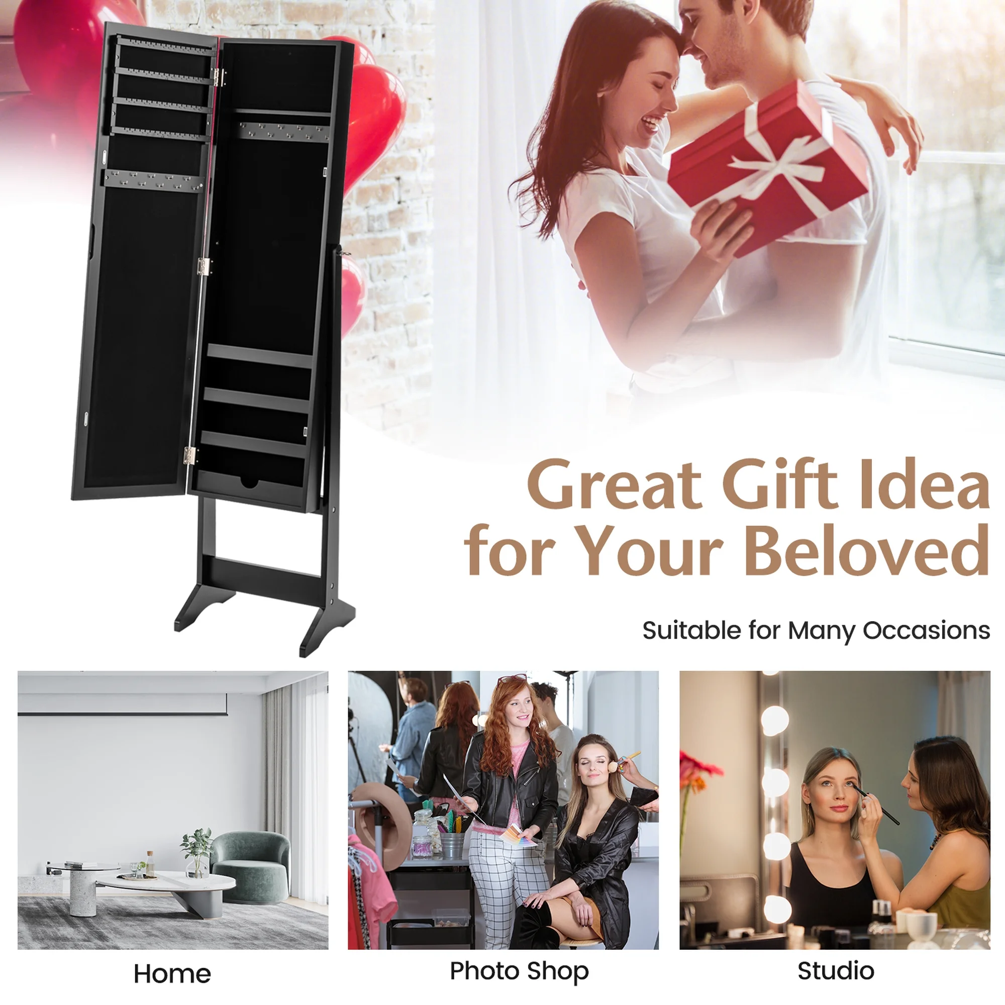 Costway Jewelry Mirrored Cabinet Armoire Organizer Storage Box w/ Stand Christmas Gift