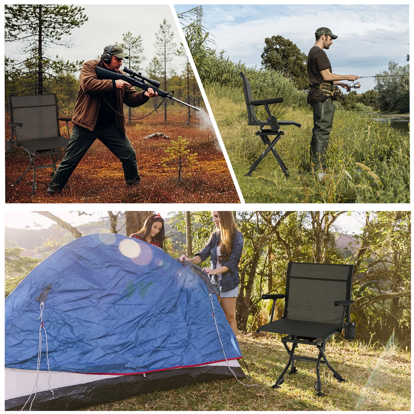 Danrelax 360° Silent Camo Hunting Blind Chair, Armrests, Side Pouch, Telescopic Legs