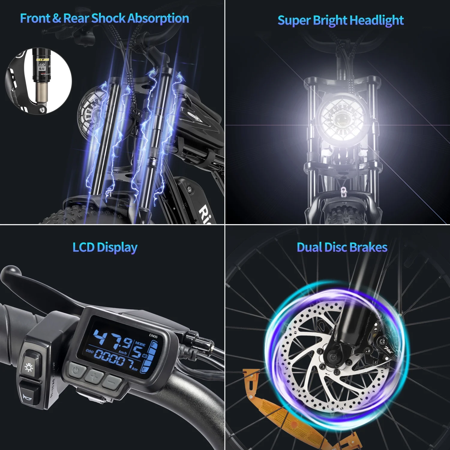 Ridstar Electric Bike for Adults Q20,1200W 30MPH,48V 15.6Ah Electric Bicycle,7 Speed Full Suspension Mountain Bike UL2849