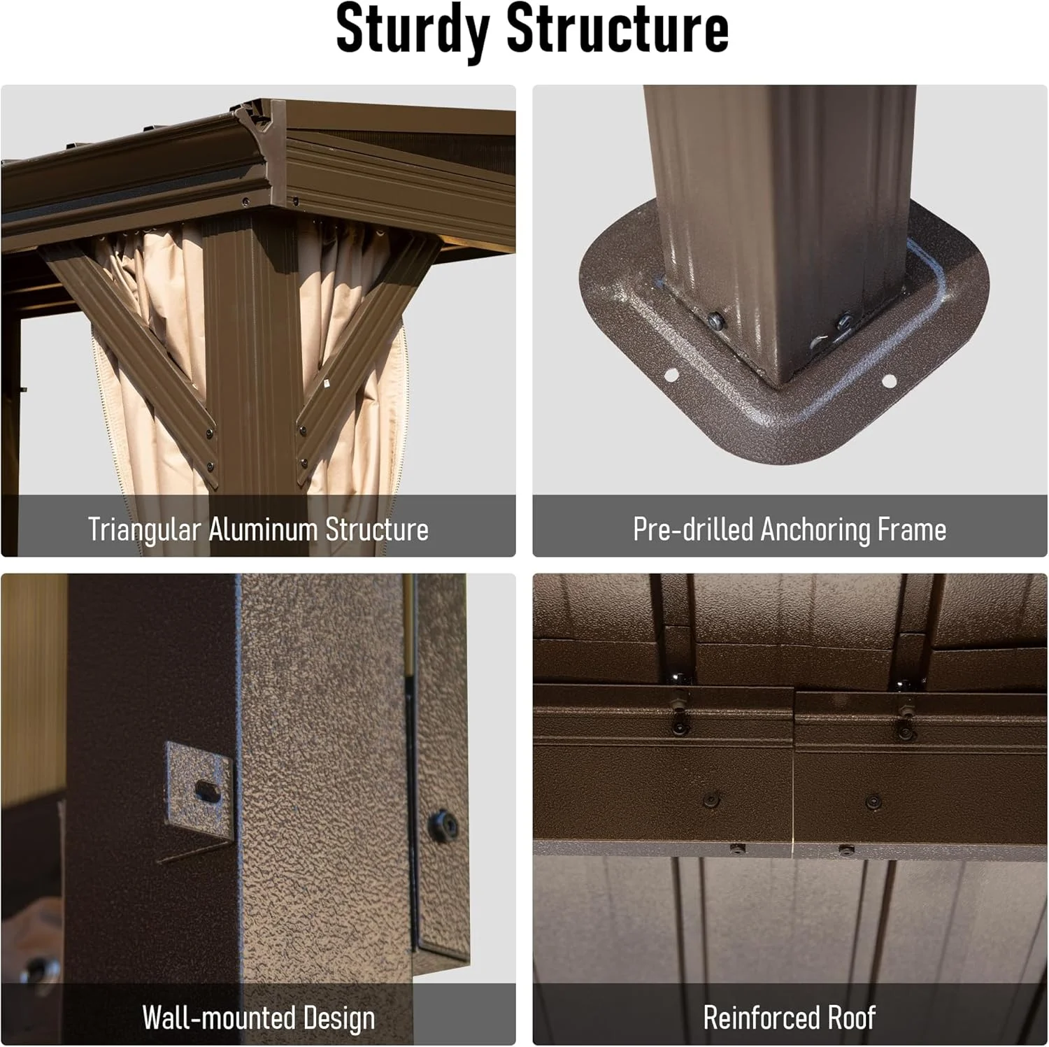 Domi Outdoor Living 10' x 12' Hardtop Lean-to Gazebo, Wall-Mounted with Galvanized Steel Roof Wall Pergola with Aluminum Frame, Curtains and Netting, for Patio, Deck, Garden, Backyard