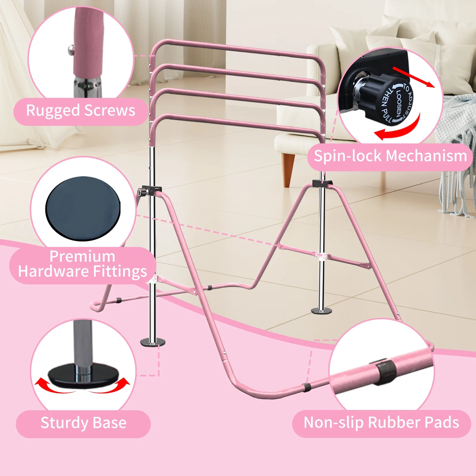 Expandable Gymnastics Bar for Kids - Height Adjustable Junior Training Bar for Home, Folding Gymnastic Horizontal Bars Equipment Pink