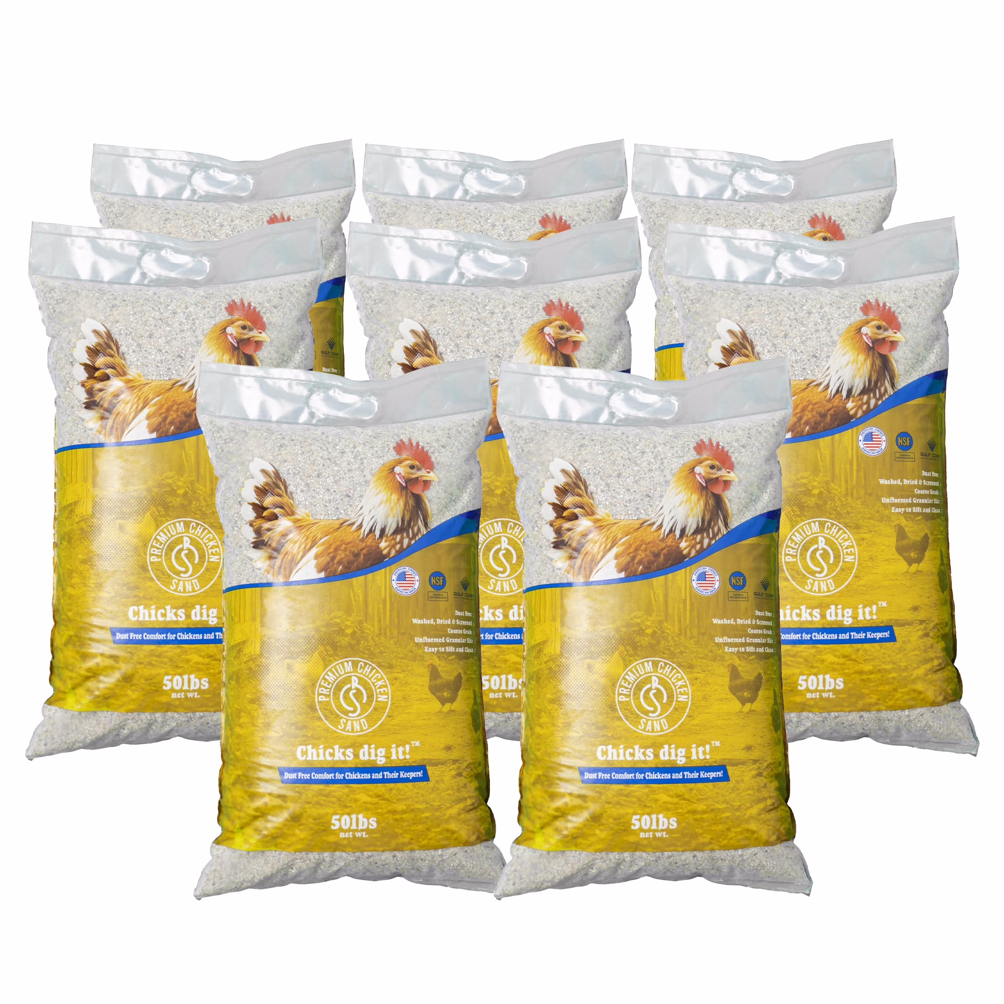 Premium Chicken Sand, Odor Eliminating Bedding for Coops, 50 Lb Bag, 8 Pack