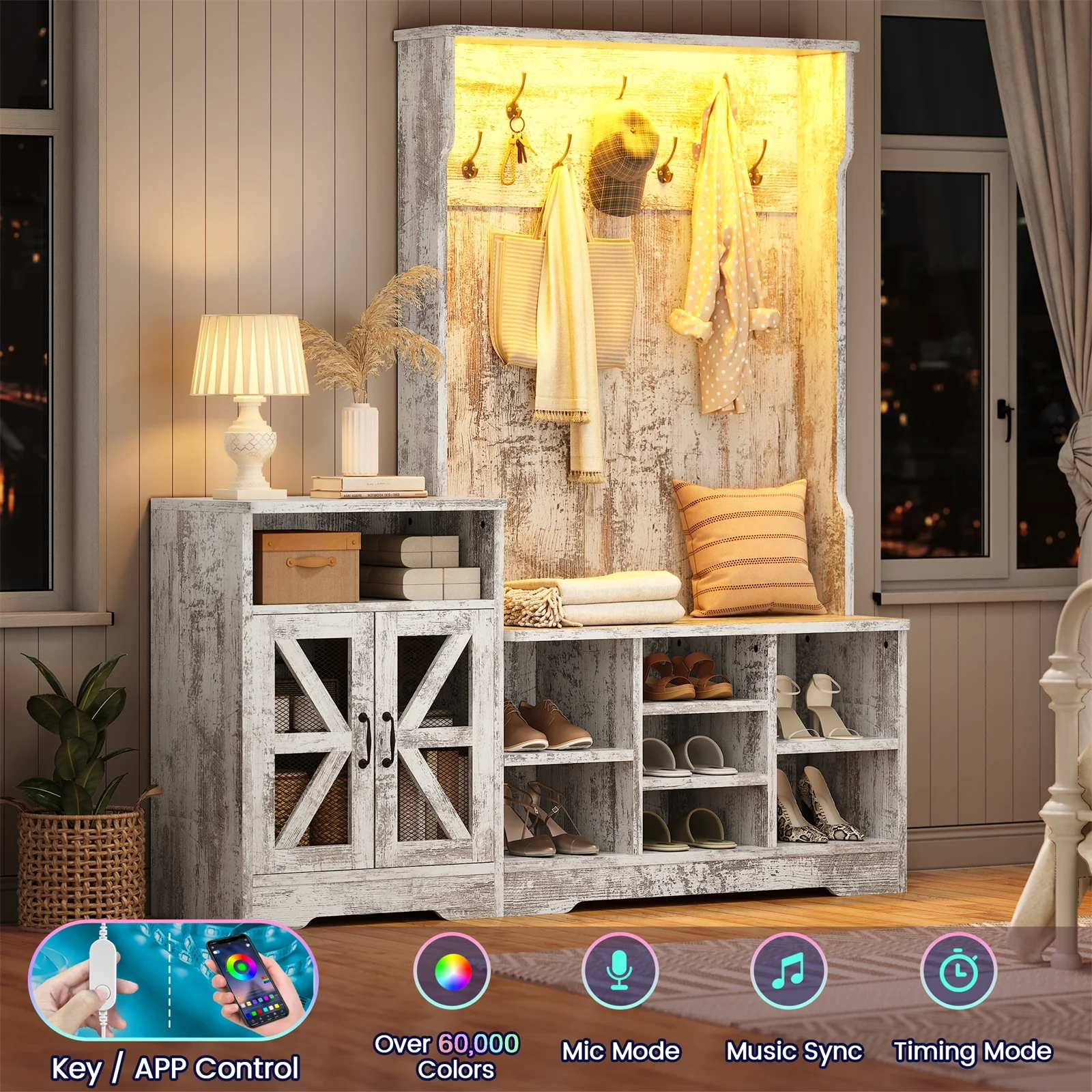 Farmhouse Wood Hall Tree with Shoe Bench and Console Table, LED 4-in-1 Coat Rack with 8 Hooks and 7 Adjustable Shoe Cubbies, Multifunctional Entryway Storage Organizer with Cabinet, Vintage White