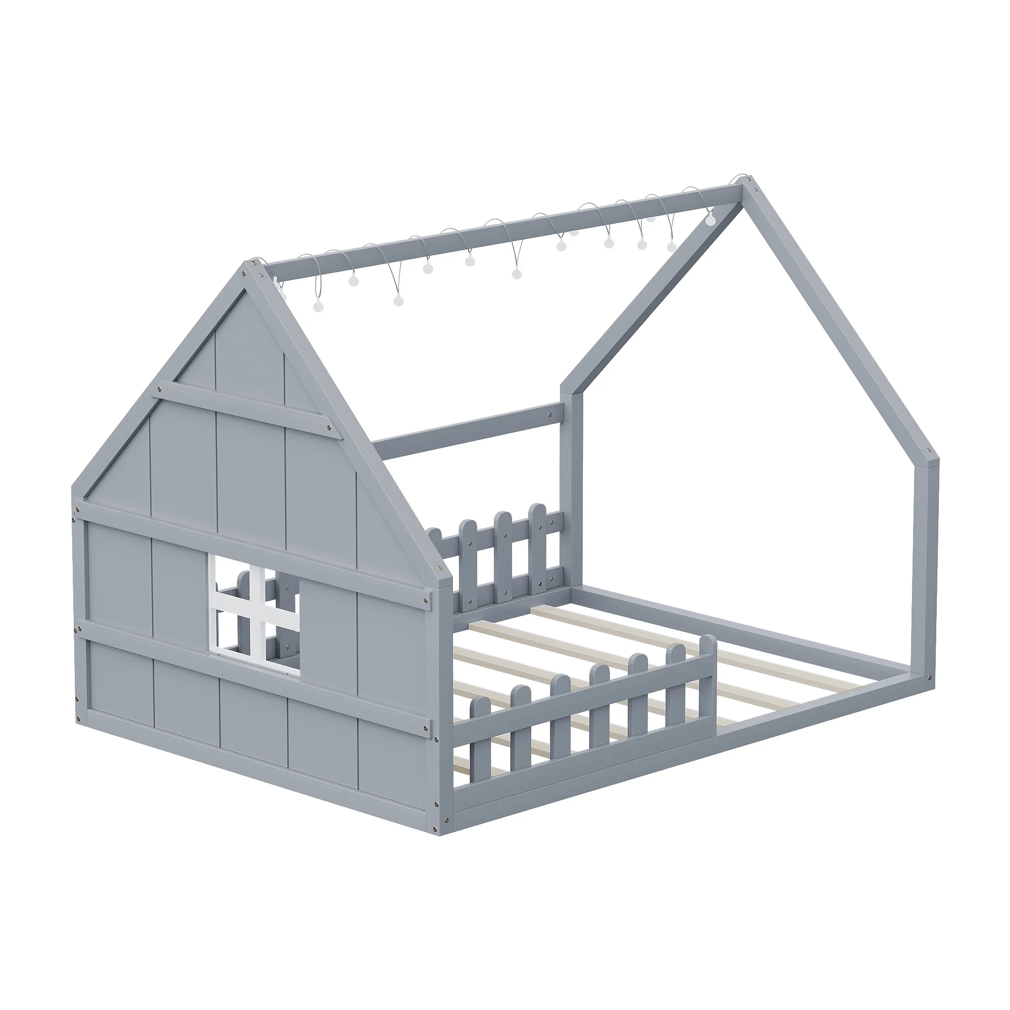 Bellemave Full Size House Bed with LED Light and Fence, Wooden Montessori Floor Bed with Window, No Box Spring Required (Gray)