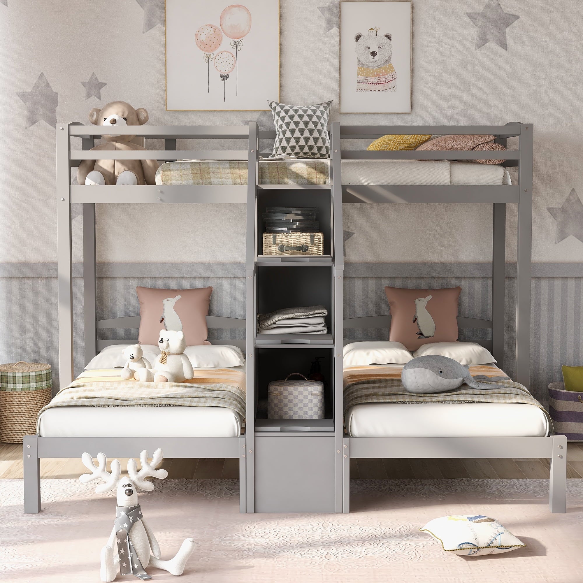 EUROCO Twin over Twin & Twin Bunk Bed with Staircase and Drawers for Kids Bedroom, 3-in-1 Bunk for More Kids, Storage Staircase, Gray