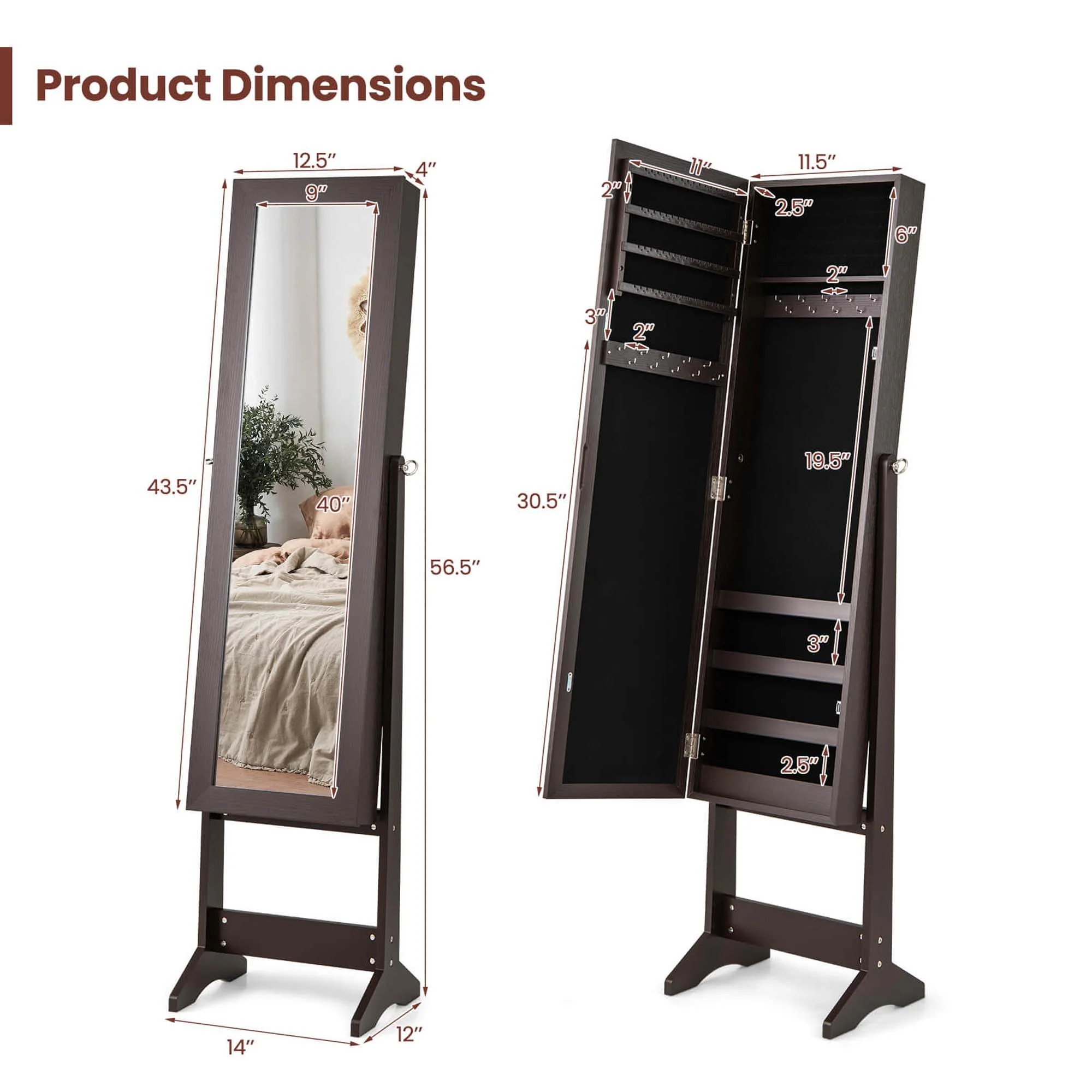 Costway Jewelry Mirrored Cabinet Armoire Organizer Storage Box w/ Stand Christmas Gift