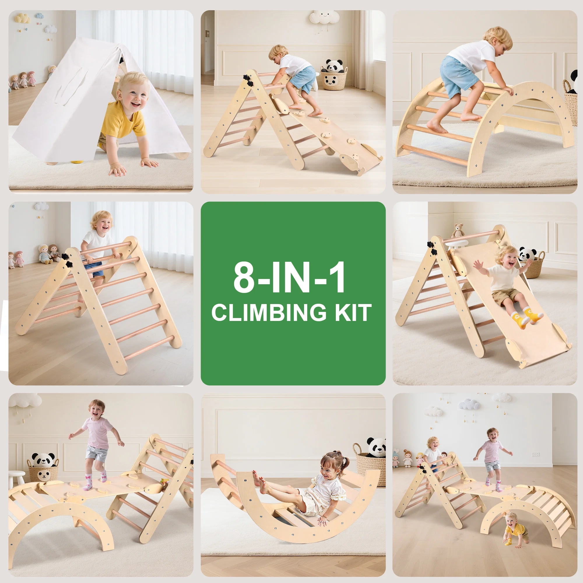 Lookfly 8 in1 Pikler Triangle Set Foldable Baby Climbing Toys for Toddlers 1-6 Inside with Ramp,Toddler Climbing Toys Indoor Baby Gift