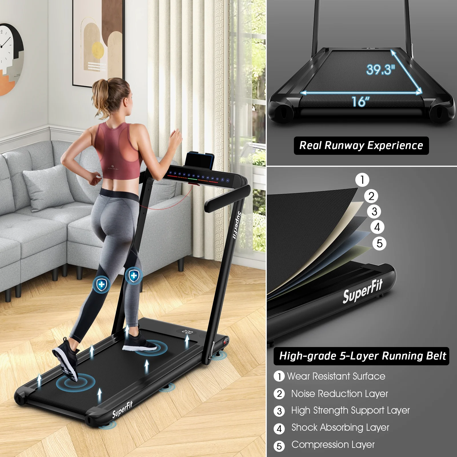 SuperFit Up To 7.5MPH 2.25HP 2 in 1 Dual Display Screen Treadmill Jogging Machine W/APP Control Silver