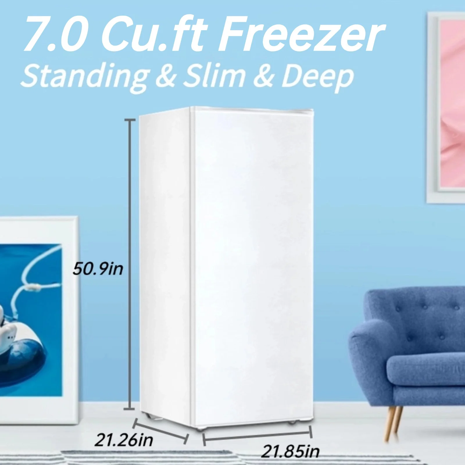 Auseo 7 Cu. ft. Upright Freezer with 4 fixed grid shelves, Space Saving, Adjustable Temperature Controls, Garage Ready deep Freezer, Manual Defrost, White