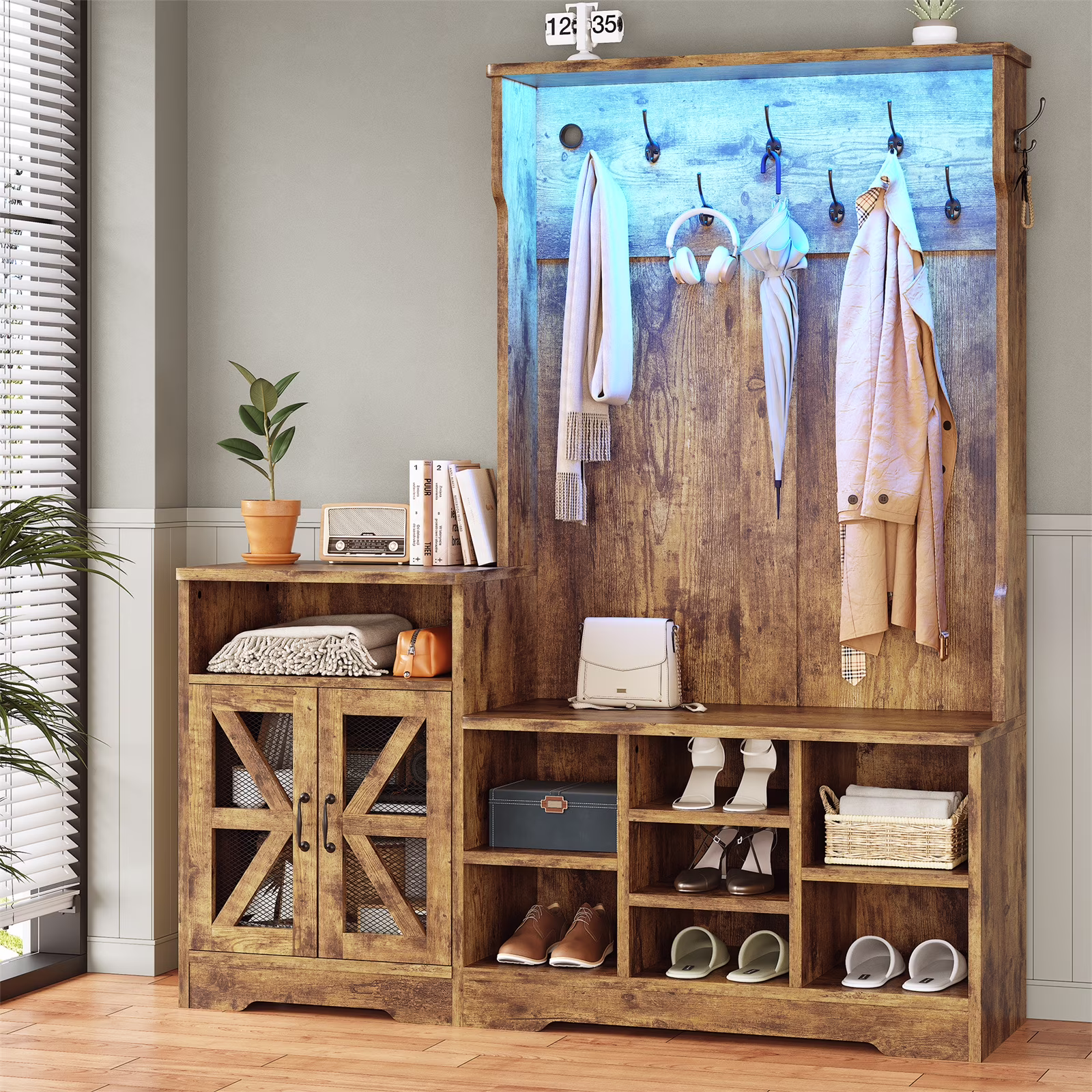 Farmhouse Wood Hall Tree with Shoe Bench and Console Table, LED 4-in-1 Coat Rack with 8 Hooks and 7 Adjustable Shoe Cubbies, Multifunctional Entryway Storage Organizer with Cabinet, Vintage White