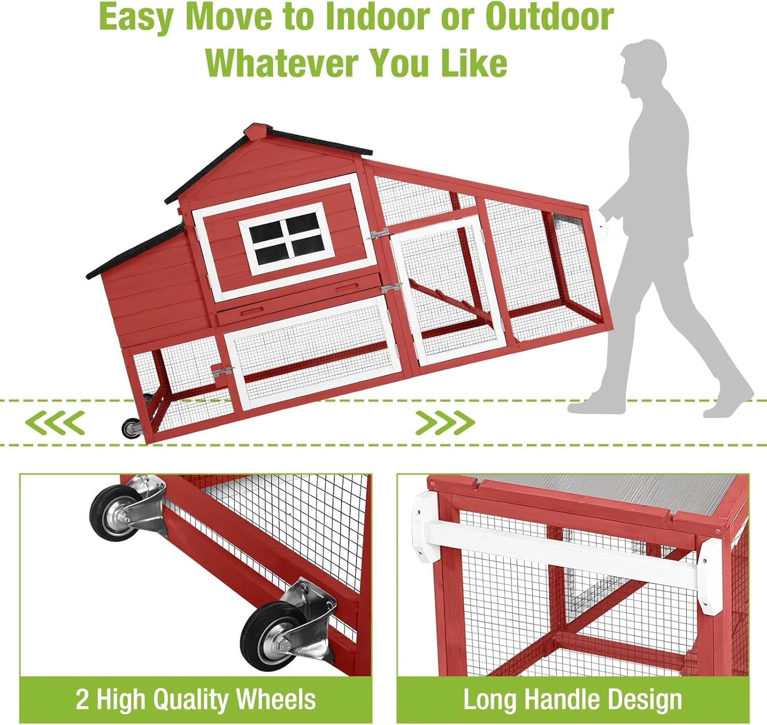 BUTINGLALE Chicken Coop Mobile Chicken House On Wheel Outdoor Rabbit Hutch for 2-4 Chickens 67