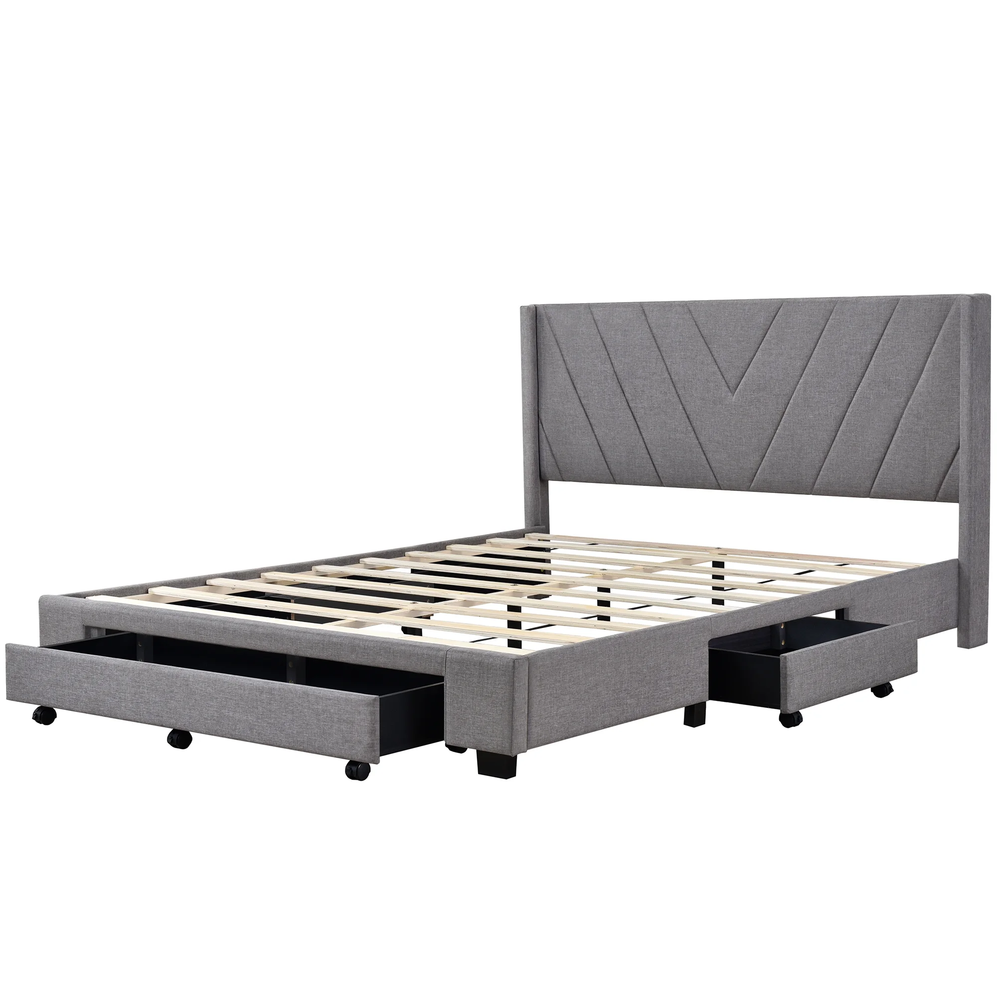 Sesslife Queen Bed Frame with Storage, New Upgraded Linen Upholstered Platform Bed with 3 Drawers, Queen Size Storage Bed with Headboard and Wooden Slats, No Box Spring Needed, Holds 500lbs, Beige