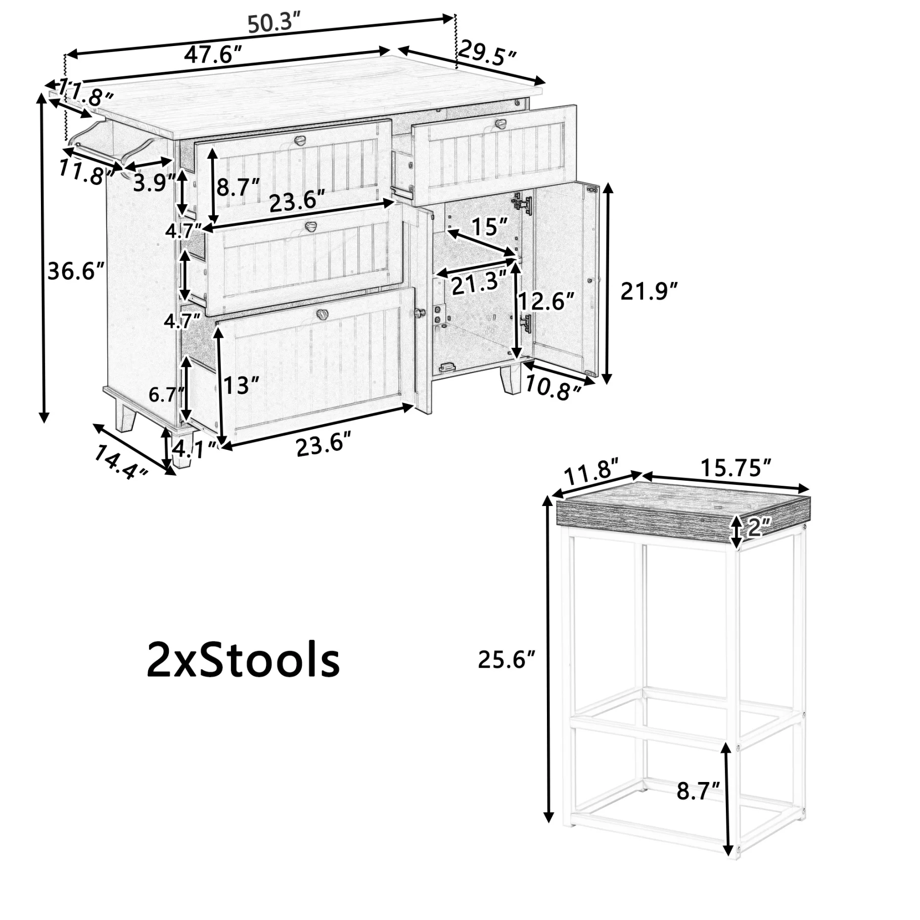 Kitchen Island with Storage, Portable Kitchen Island on Wheels with Drop-Leaf and 2 Stools, Built-in 4 Drawers and Towel Rack, Rolling Kitchen Island Cart for Home, Kitchen and Dining Room, White