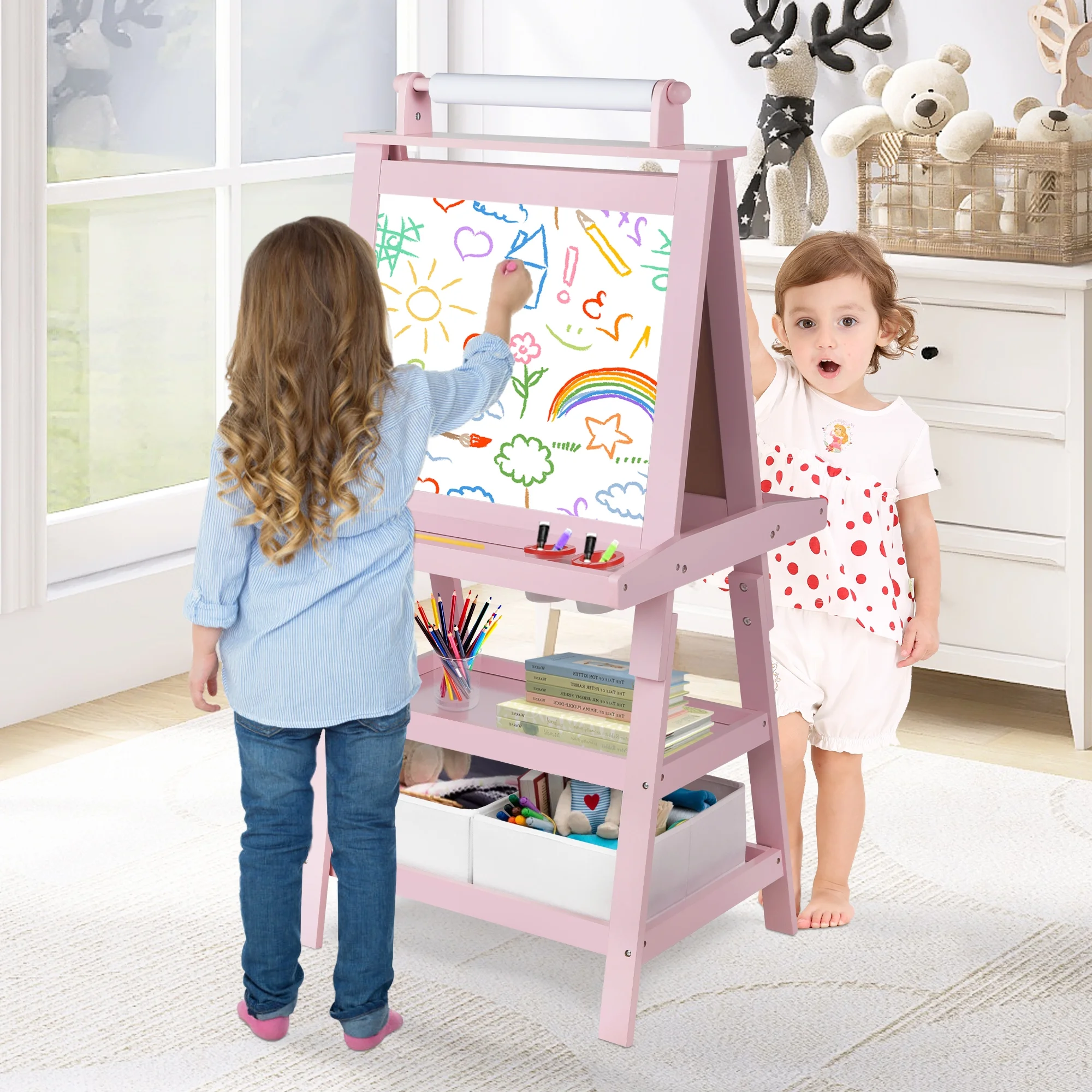 LINLUX 3 in 1 Art Easel for Kid, Whiteboard for Kid with Stand, Magnetic Chalkboard Pizarra, Grey