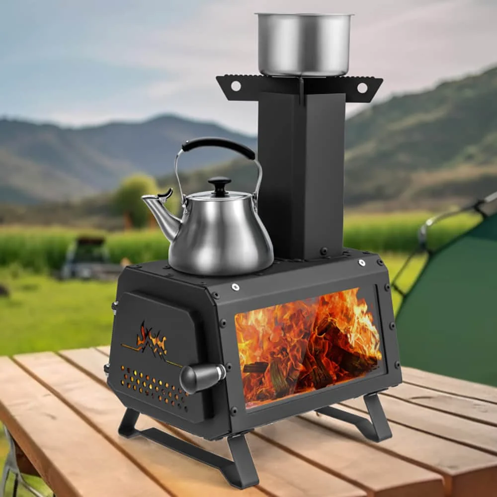Spaco Portable Wood Camping Burning Stove Heater with 2 Cooking Positions, Portable Wood Burning Stove, Black