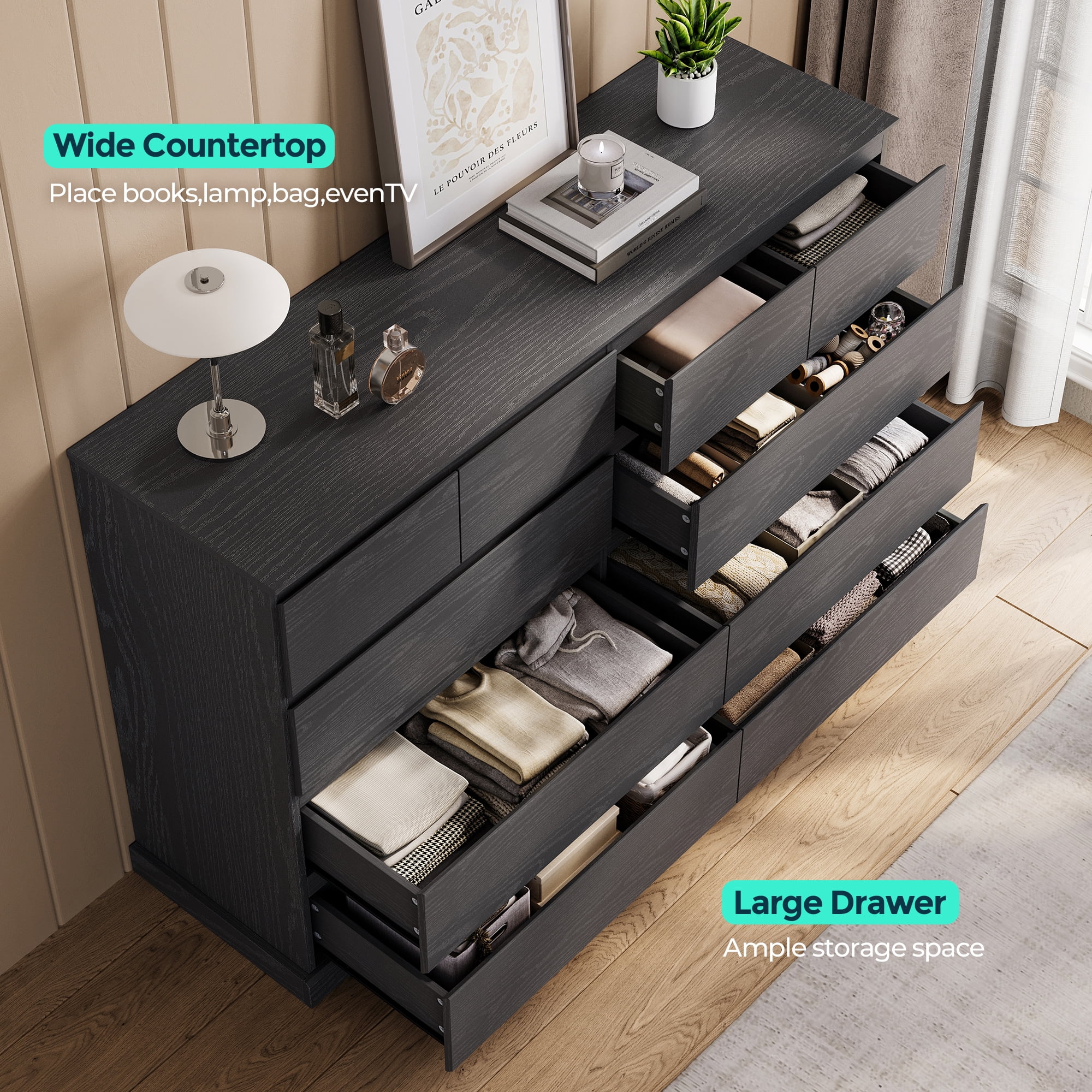 Linsy Home Modern Wood Dressers for Bedroom, Wide Chest of 9 Drawers, White