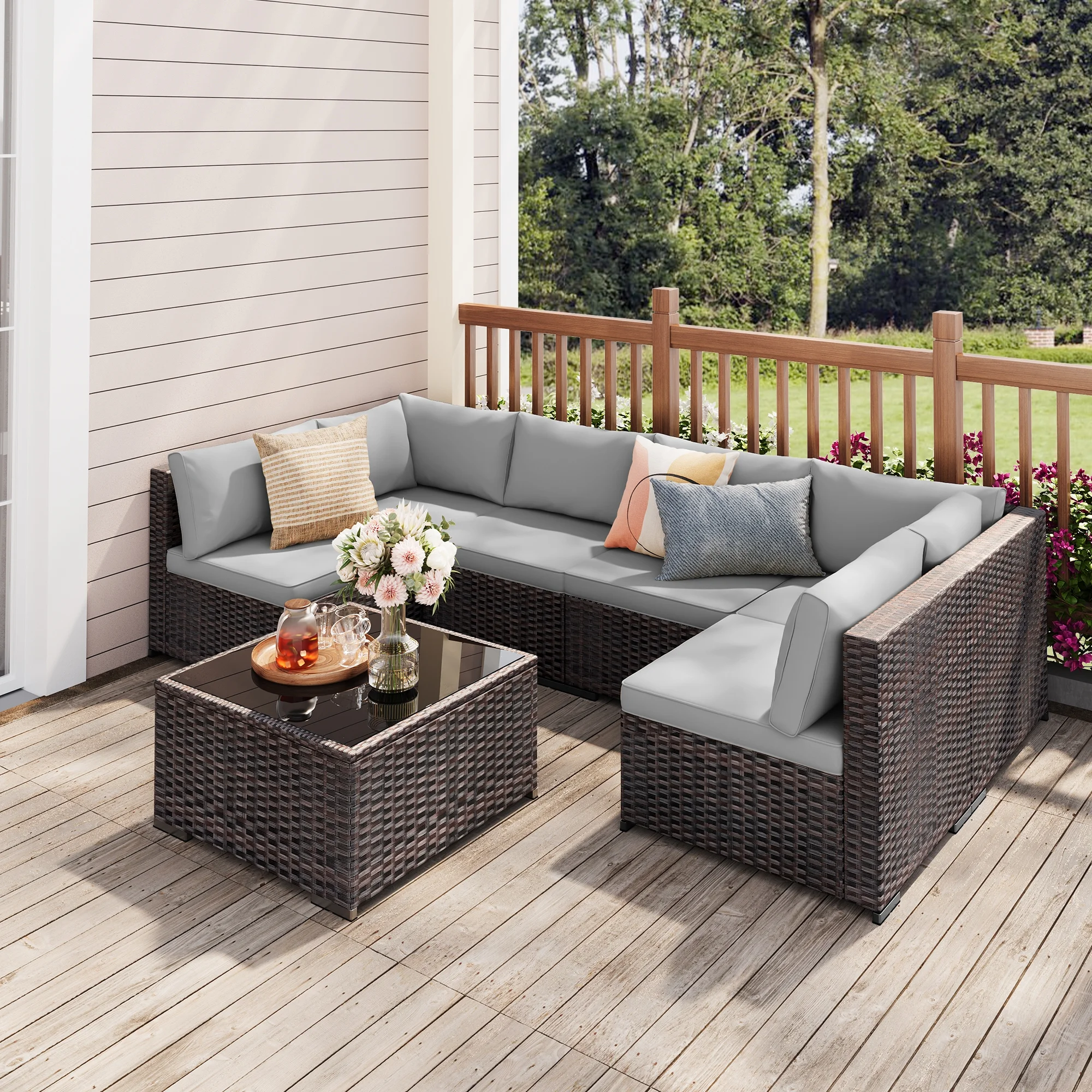 Patio Furniture Set, Lofka 7 Piece Outdoor Sectional Furniture Chair Set with Cushions and Coffee Table, Gray