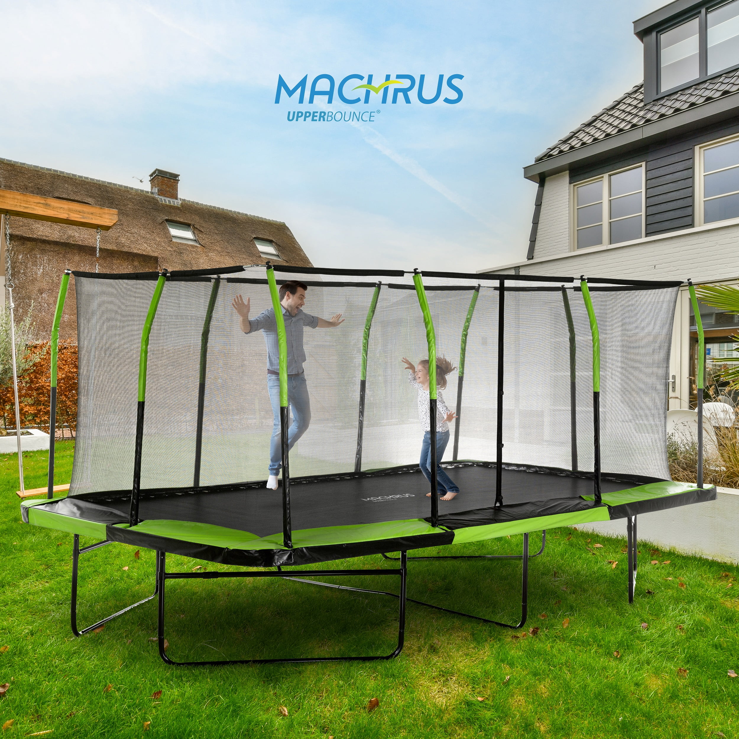 Machrus Upper Bounce - Mega 10' X 17' Gymnastics Style, Rectangular Trampoline Set with Premium Top-Ring Enclosure System - Green/Black