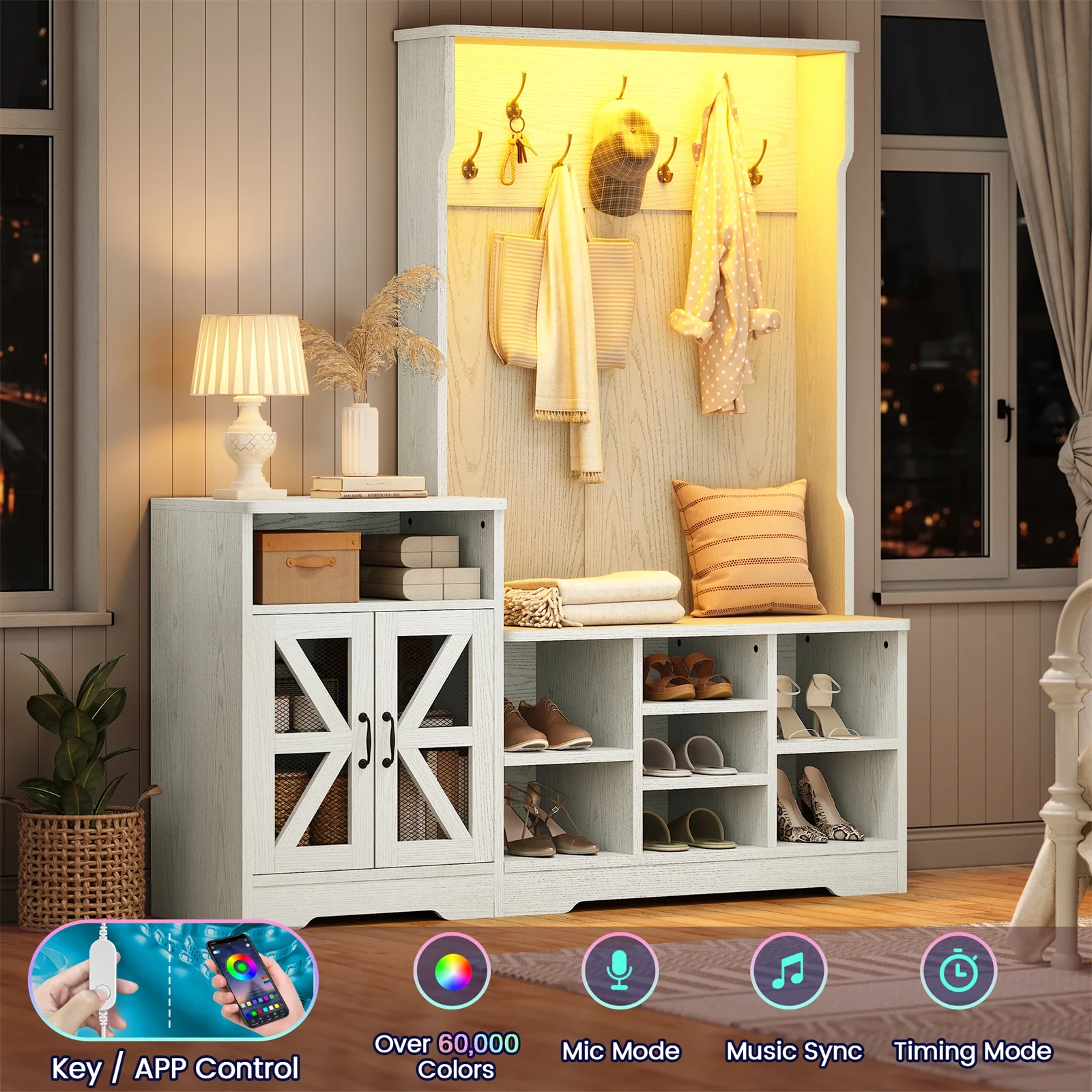 Farmhouse Wood Hall Tree with Shoe Bench and Console Table, LED 4-in-1 Coat Rack with 8 Hooks and 7 Adjustable Shoe Cubbies, Multifunctional Entryway Storage Organizer with Cabinet, Vintage White