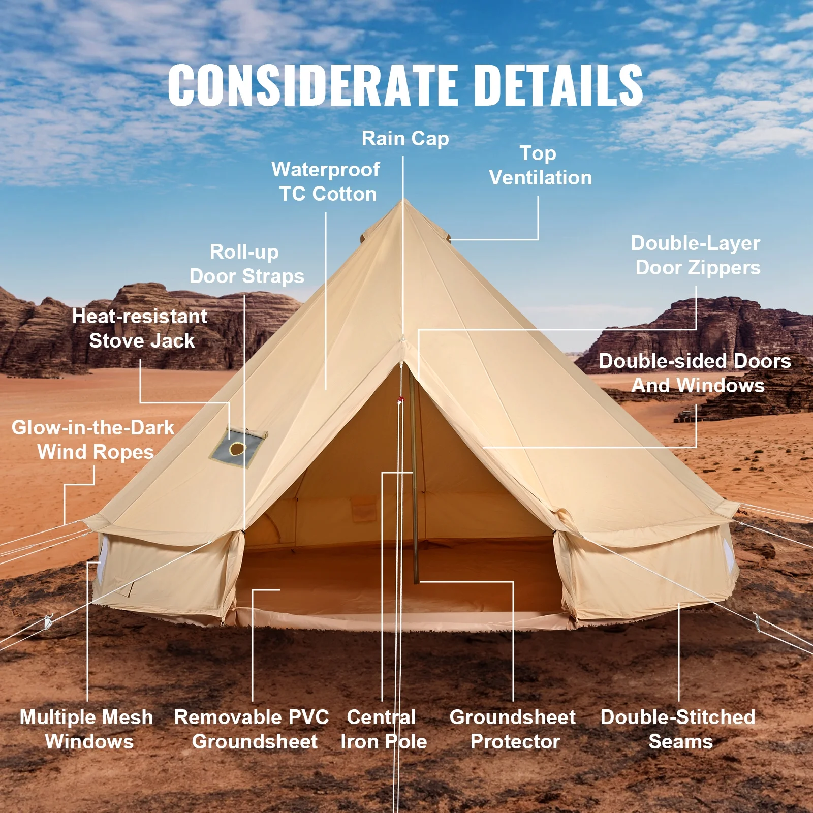 KFFKFF Fabric Yurt Shelter, Quadruple Season 6m/19.68ft Camping Tent, Equipped with Stove Jack, Airy Shelter Accommodates Maximum 10 Individuals, Suitable for Family Outdoor Expedition