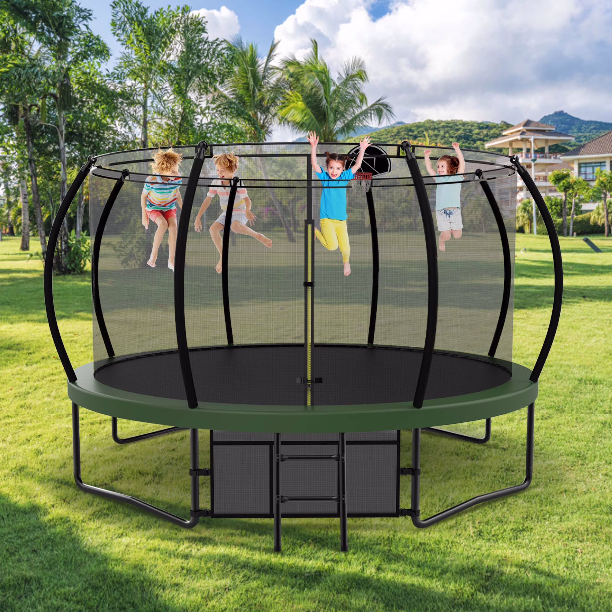 Aukfa 14FT Trampoline with Basketball Hoop for Kids Adults, Outdoor Trampoline with Enclosure for Backyard - Green