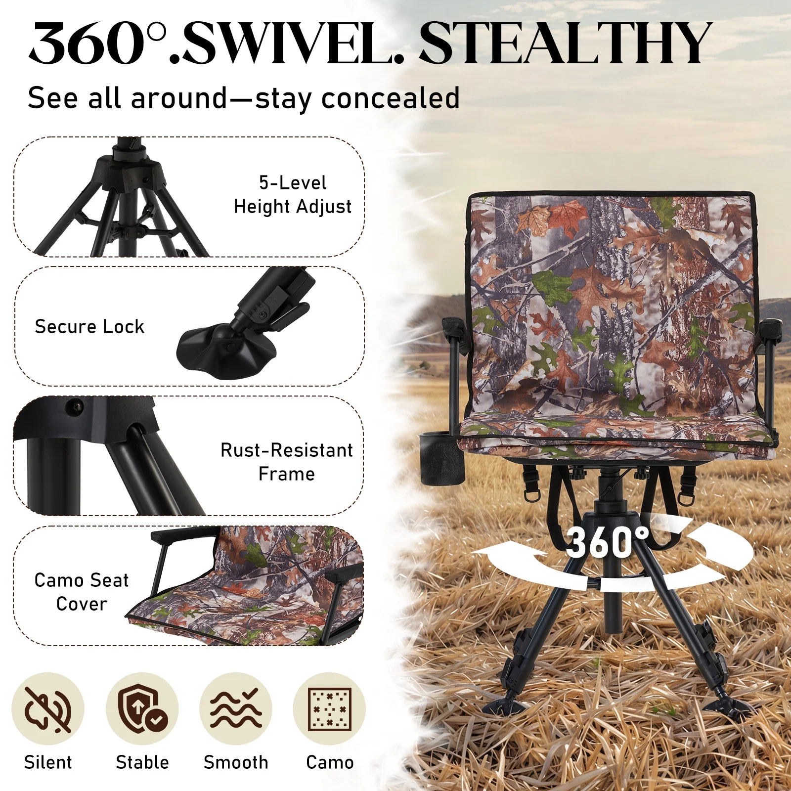 Danrelax 360° Silent Camo Hunting Blind Chair, Armrests, Side Pouch, Telescopic Legs