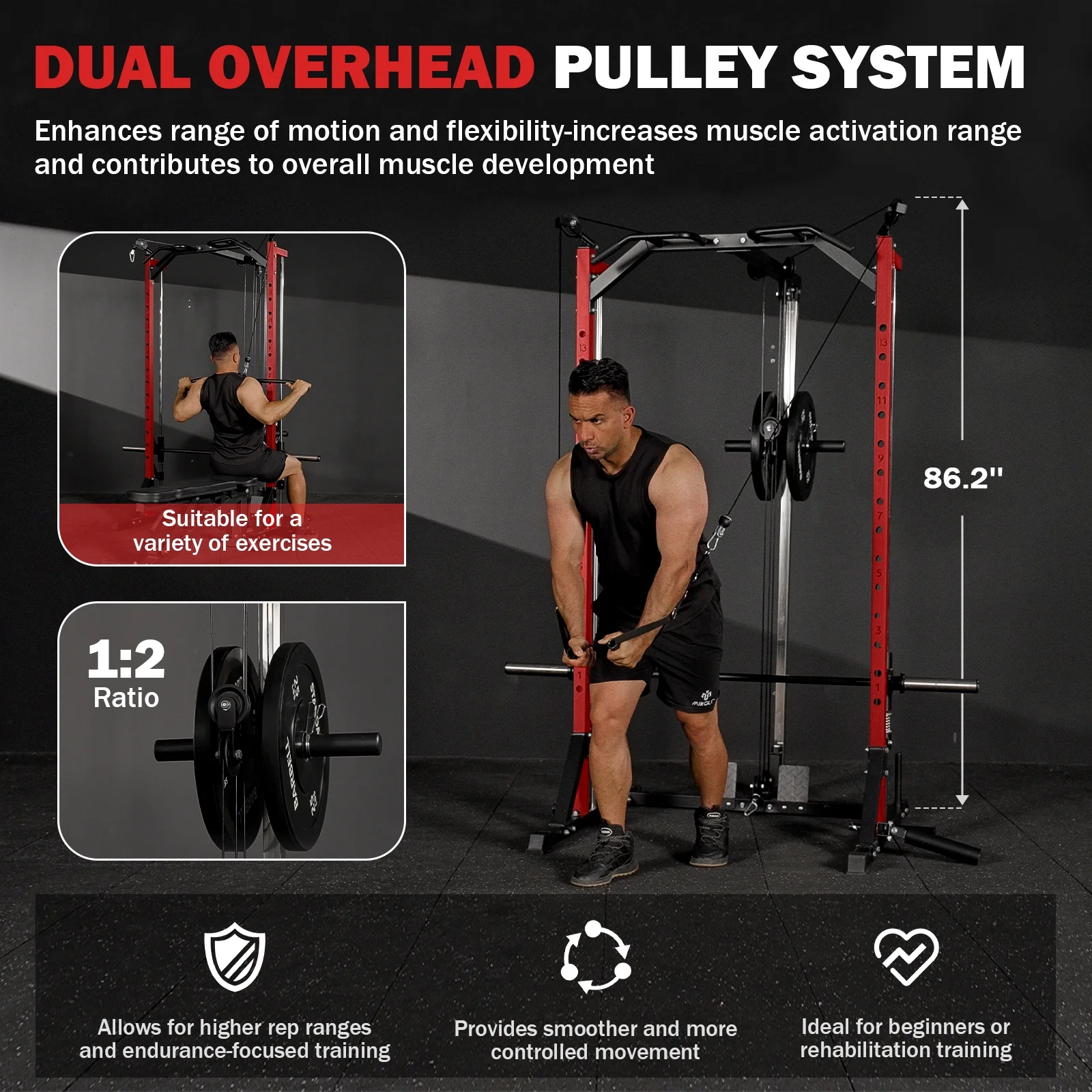 Mikolo Compact 7-IN-1 Smith Machine With Cable Crossover System, 1000LBS Multi-Functional Squat Rack, Workout Station with Weight Bar, Bend Peg and Other Functional Attachments