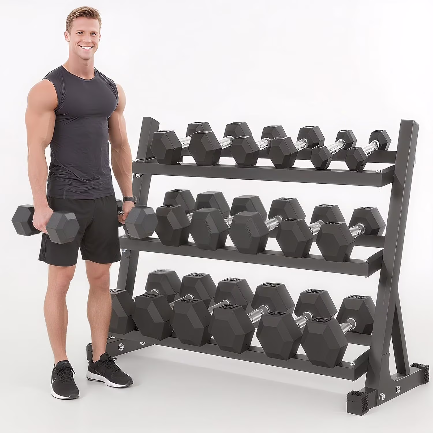 350 lbs Hex Dumbbell Set with Rack, 5-50 lbs Pairs - Rubber Coated Iron Weights for Home Gym, Strength Training & Muscle Building