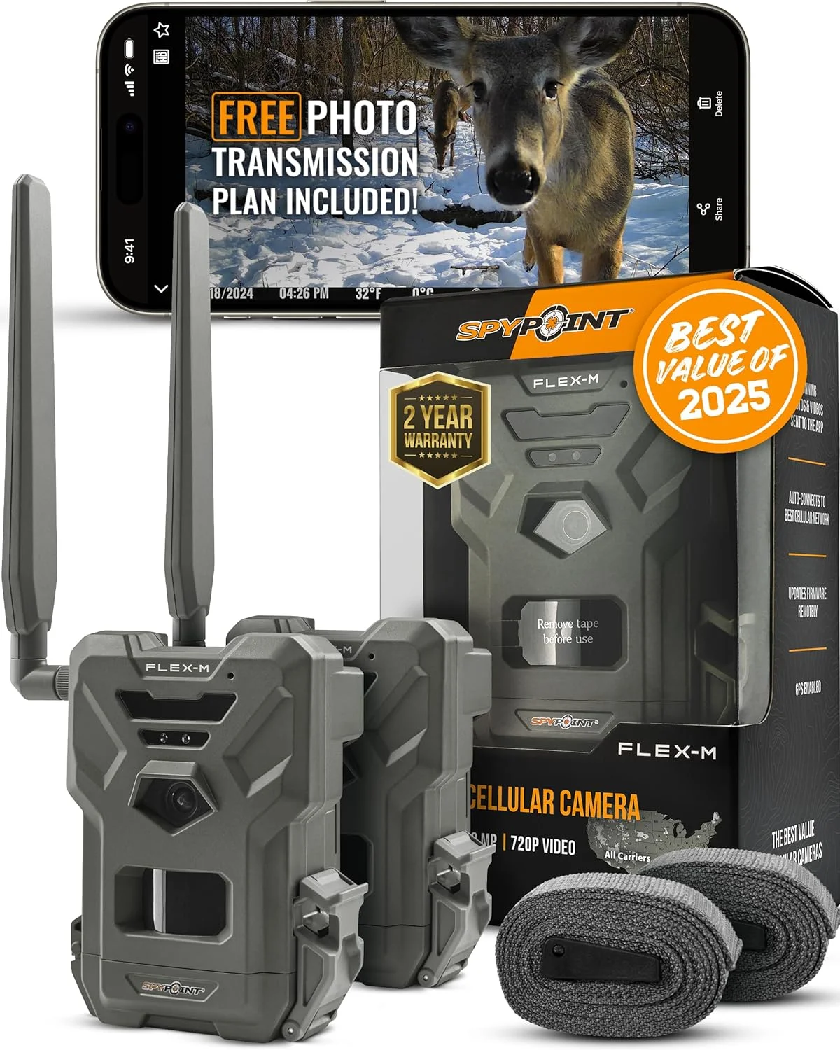 SPYPOINT Flex-m Twin Pack Cellular Trail Camera – Hunting Trail Monitor with GPS, Night Vision, Dual-Sim LTE, IP65 Water-Resistant