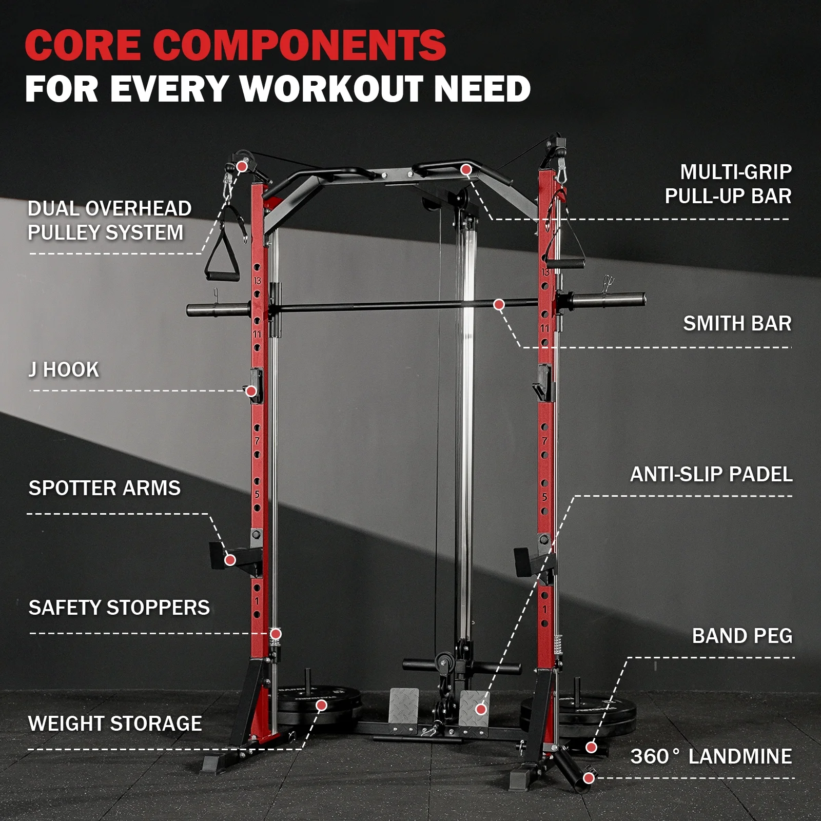 Mikolo Compact 7-IN-1 Smith Machine With Cable Crossover System, 1000LBS Multi-Functional Squat Rack, Workout Station with Weight Bar, Bend Peg and Other Functional Attachments